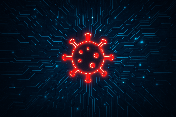 Abstract gloeiend virus dat zich door digitale circuits verspreidt (Afbeeldingsbron: AI-gegenereerde concepttekeningen)