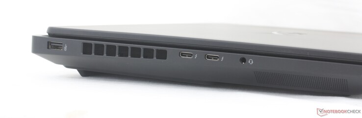 Links: USB-A (10 Gbps), 2x USB-C Thunderbolt 4 met DisplayPort 2.1 + Power Delivery 3.1 (40 Gbps), 3.5 mm headset