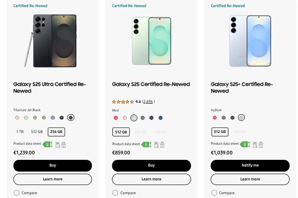 Galaxy Kleuren en configuraties van de S25-serie beschikbaar onder het Certified Re-Newed programma in Duitsland. (Afbeeldingsbron: Samsung)
