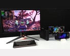 Borderlands 4 draait op een monitor die is aangesloten op een Minisforum MSA2 mini PC gekoppeld met een AMD Radeon RX 9070 XT in een Oculink eGPU dock, naast een Asus ROG Ally X handheld (Afbeelding bron: ETA PRIME via YouTube)