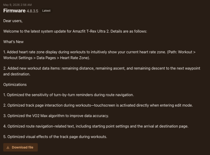 De release notes voor firmware versie 3.8.0.5 voor de Amazfit T-Rex Ultra 2 smartwatch