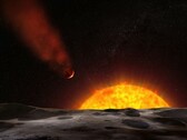 Een artistieke illustratie van een exoplaneet die op zijn ster afkomt.