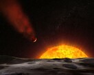 Een artistieke illustratie van een exoplaneet die op zijn ster afkomt.