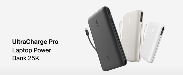 De Belkin UltraCharge Pro Laptop Power Bank 25K is alleen verkrijgbaar in het zwart, ondanks dat de afbeelding hierboven drie kleuropties laat zien.
