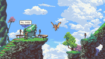 Een afbeelding van Geddy en Otus in Owlboy.
