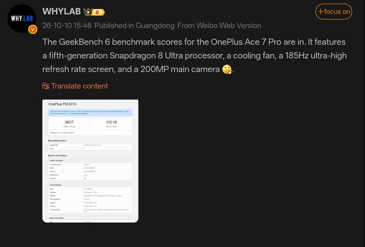 De specificaties van de OnePlus Ace 7 Pro uiteengezet in het Weibo-bericht met de Geekbench-score bijgevoegd