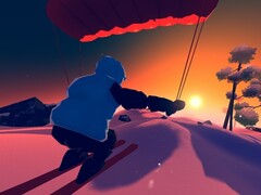 Afgebeeld: Foto over de schouder van de zonsondergang tijdens het paragliden met de fotomodus in het spel (Bron: Screenshot in Studio Gauntlet's Sno: Ultimate Freeriding)
