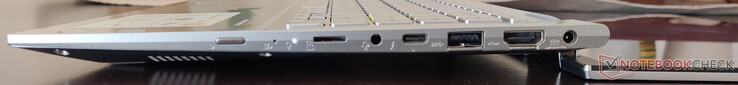 Rechts: microSD-kaartlezer, gecombineerde audio-aansluiting, Thunderbolt 4, USB 3.2 Gen2 Type-A, HDMI 1.4-out, DC-in