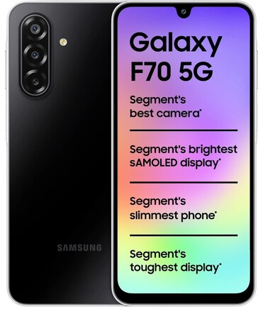 Samsung Galaxy F70 5G in Bold Black, weergegeven van de voor- en achterkant