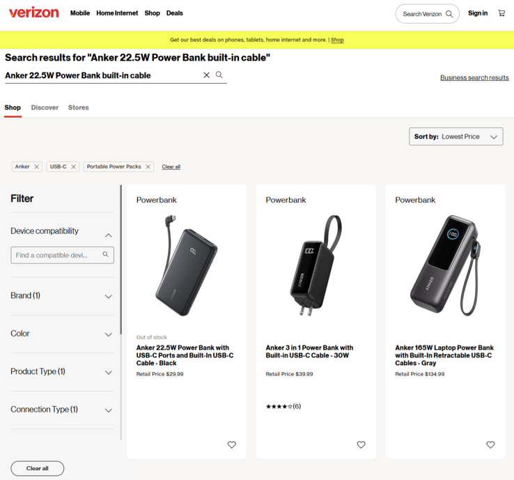 Een screenshot van de Verizon-vermelding van de nieuwe Anker powerbank. (Afbeeldingsbron: Verizon)