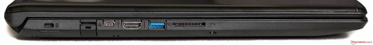 links: Kensington lock, RJ45 (Ethernet), USB 3.1 Gen. 1 Type-C, HDMI, USB 3.0 Type-A, SD-kaartlezer