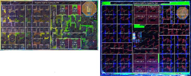 Intel Xe3 GPU-kernen in Panther Lake. Een enkele kern in de op Intel 3 gebaseerde GT1-tegel is ongeveer 55% groter dan die in de op N3E gebaseerde GT2-tegel.