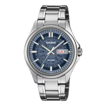 De MTP-E740-2A1V van Casio in marineblauw is voorzien van een doorschijnende wijzerplaat waardoor de onderliggende dag- en datumwielen zichtbaar zijn.
