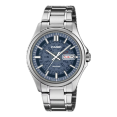 Casio MTP-E740-2A1V met een marineblauwe, doorschijnende wijzerplaat.