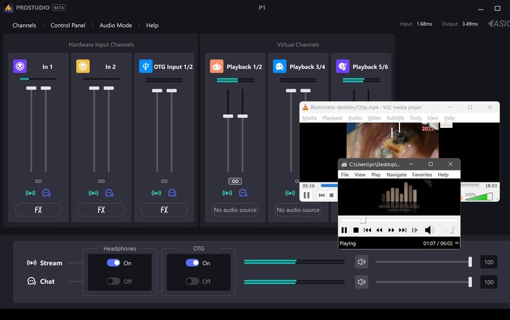 Voorbeeld van virtuele routering – Twee virtuele PC-audiobronnen met XLR-microfooningang worden gemengd tot één gezamenlijke uitgang.