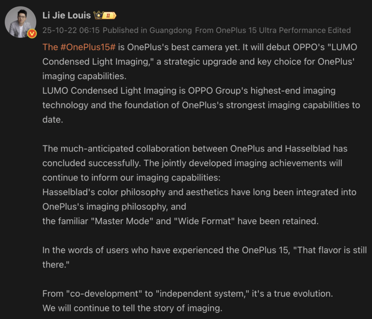 OnePlus president Louis Lee onthult cameradetails voor de OnePlus 15. (Afb. bron: Weibo - machine vertaald)
