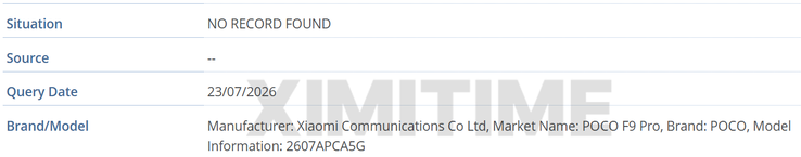 Vermelding van de Poco F9 Pro in de IMEI-database van de GSMA.
