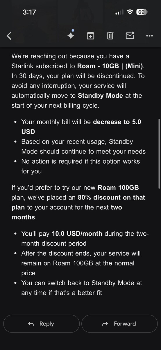 Starlink zal $10 Roam-abonnement veranderen in Standby Mode. (Afbeeldingsbron: silvertricl0ps/Reddit)