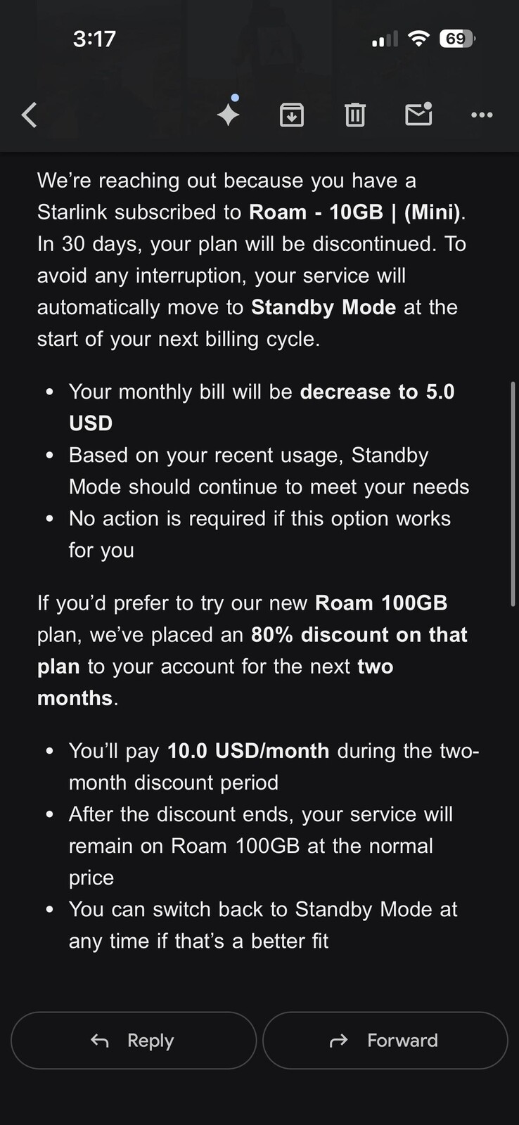 Starlink zal $10 Roam-abonnement veranderen in Standby Mode. (Afbeeldingsbron: silvertricl0ps/Reddit)