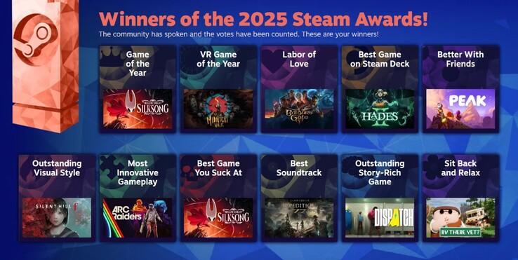 Alle 2025 Steam Awards winnaars. (Afbeelding Bron: Valve)