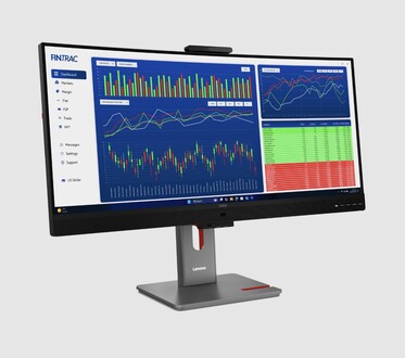De voorkant van de Lenovo P34WD IPS-ultrabrede monitor.