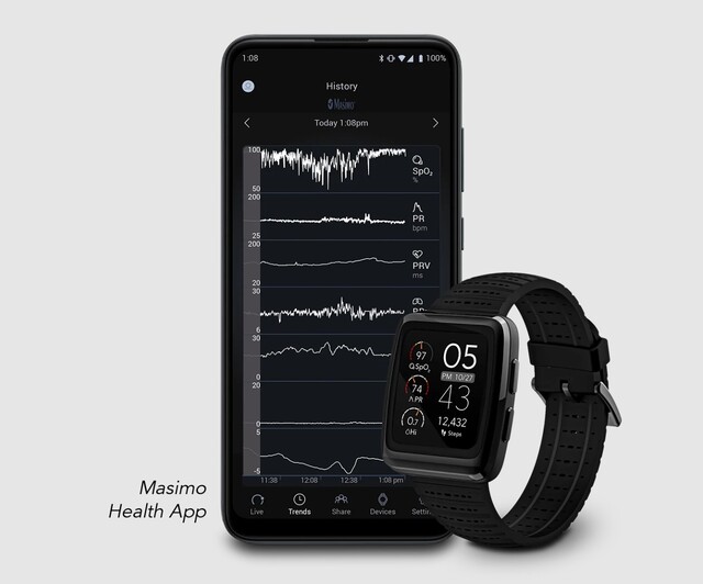 De vitale functies van de Masimo W1 kunnen op smartphones in kaart worden gebracht en op afstand in real-time door artsen worden bekeken. (Bron: Masimo)