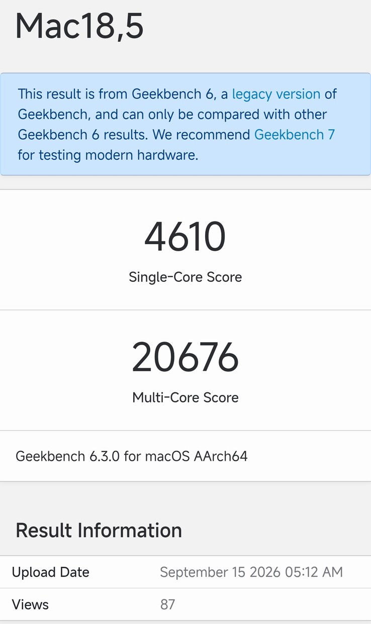 De Geekbench 6.3-vermelding van de Mac mini M6