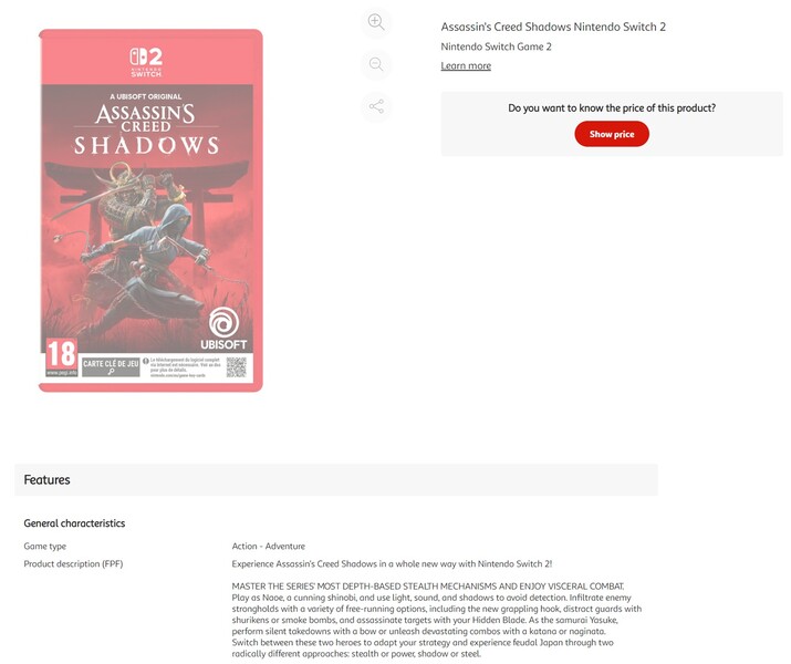Assassin's Creed Shadows Switch 2 Auchan aanbieding (Afbeelding bron: screenshot, Auchan)