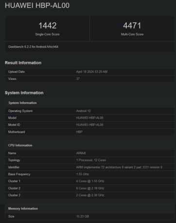 HiSilicon Kirin 9010 Geekbench score (afbeelding via Geekbench)