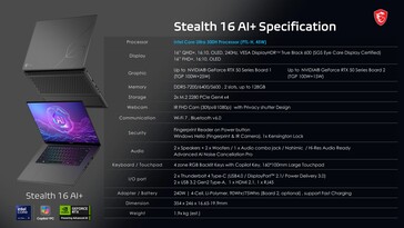 MSI Stealth 16 AI+: Specificaties. (Afbeelding Bron: MSI)