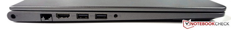 Linkerkant: Stroomaansluiting, RJ45 Ethernet, HDMI, USB 3.0 met PowerShare, USB 3.0, 3.5 mm audiopoort