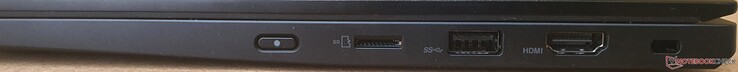 Rechts: aan/uit-knop, microSD-kaartlezer, USB-A 3.2 Gen1 (voeding), HDMI 2.0, veiligheidsslot