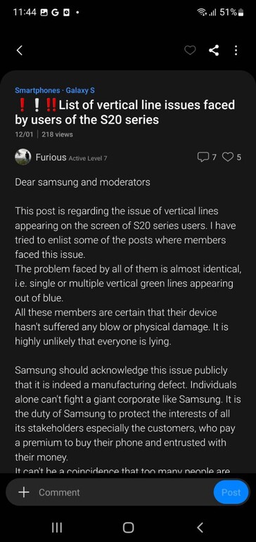 Gebruikers klagen over Galaxy S20 Plus displayproblemen op Samsung Members (afbeelding via eigen)