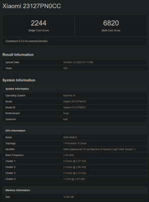 Snapdragon 8 Gen 3 Geekbench score (afbeelding via Geekbench)