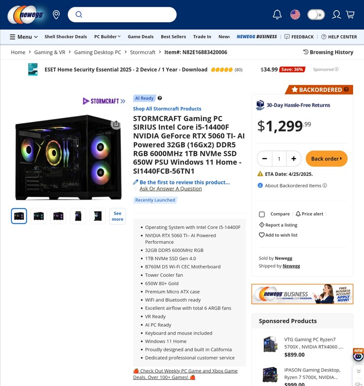 De goedkoopste RTX 5060 gaming PC kost blijkbaar $1.299,99. (Afbeeldingsbron: Newegg)