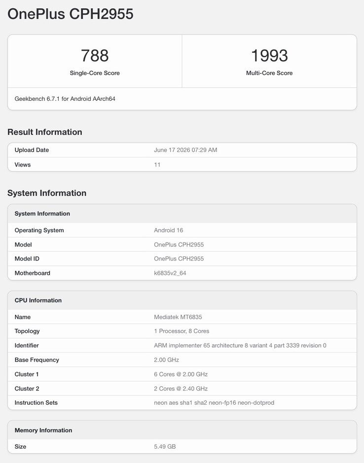 Vermelde vermelding van de OnePlus N6 op Geekbench.