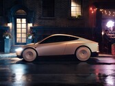Tesla Cab 's nachts geparkeerd in een natte stadsstraat, met een gestroomlijnd, futuristisch ontwerp met overdekte wielen. (Afbeeldingsbron: Tesla)