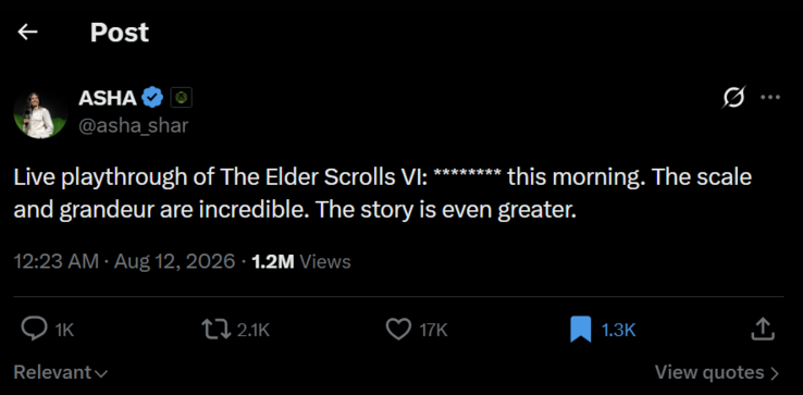 Asha Sharma heeft The Elder Scrolls VI gespeeld