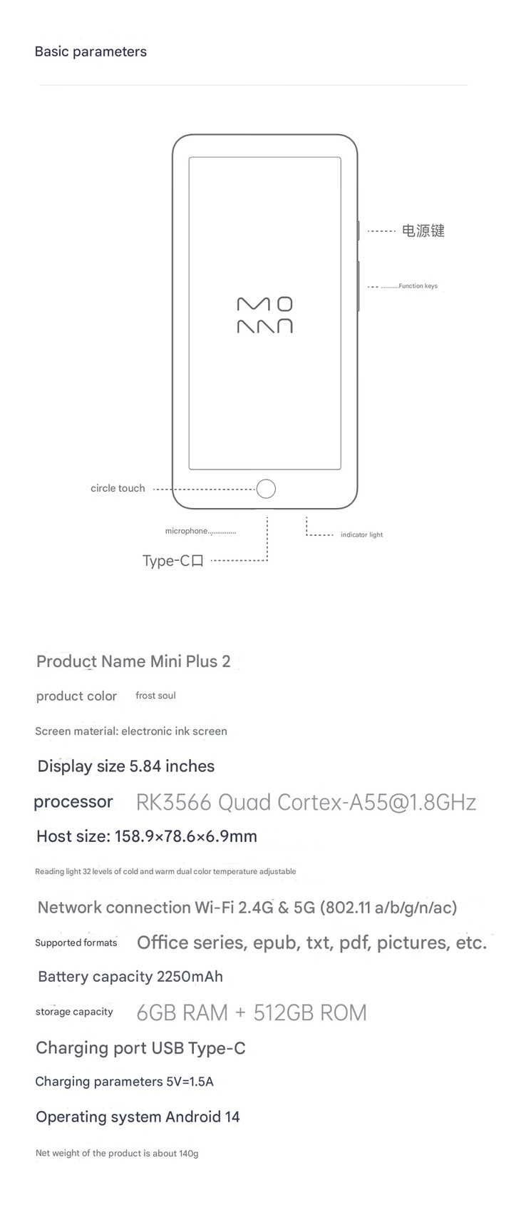 Volledige specificaties van de Moaan InkPalm Mini Plus 2 (Afbeelding bron: Xiaomi - machine vertaald)