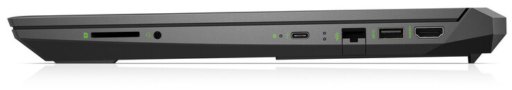 Rechterkant: Geheugenkaartlezer (SD), combo-audio, USB 3.2 Gen 1 (Type-C), Gigabit Ethernet, USB 3.2 Gen 1 (Type-A), HDMI