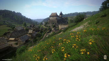 Een afbeelding uit het spel Kingdom Come: Deliverance waarop een kasteel en een dorp te zien zijn. (Afbeeldingsbron: Steam)