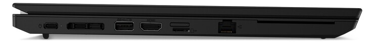 Linkerzijde:1x USB-C 3.2 Gen 2 (voeding), 1x USB-C 3.2 Gen 1, dockingpoort, USB-A 3.2 Gen 2, HDMI 2.0, nano SIM-sleuf (bovenaan, optioneel), microSD-kaartlezer (onderaan), Gigabit LAN, smartcardlezer (optioneel)