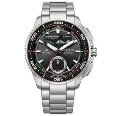 Frontale productafbeelding van de Citizen Promaster Wave Tracker JV3001-53E met een roestvrijstalen horlogeband, zwarte lunette en hybride analoog-digitale wijzerplaat voor de Yacht timer.