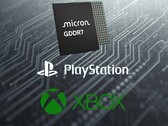 PlayStation- en Xbox-logo's onder GDDR7 DRAM van Micron (bron: Micron, Sony PlayStation, Xbox Gaming met bewerkingen)