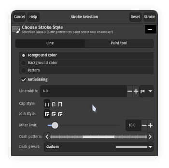 Het nieuwe GIMP 3.0 slagselectievenster heeft een verfijnde UI met enkele nieuwe slagopties. (Afbeeldingsbron: Julian van der Merwe / Notebookcheck)