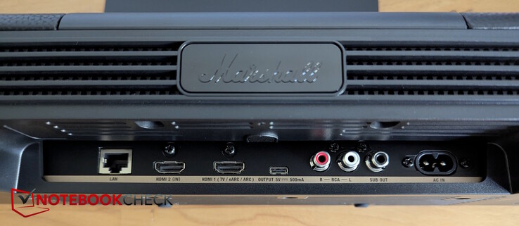 Achterkant: LAN, 2 × HDMI, USB-C, RCA, sub-out, voeding