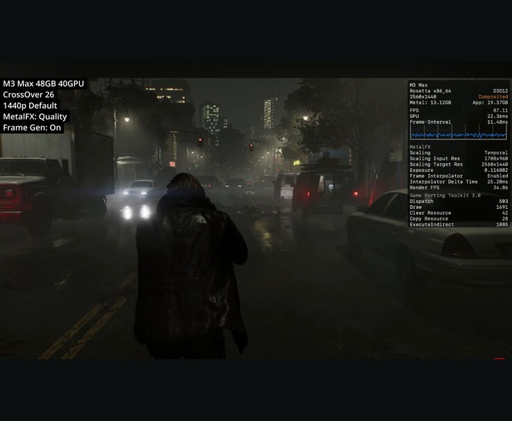Resident Evil Requiem draait op M3 Max Mac via CrossOver 26 op 1440p met MetalFX Quality en framegeneratie toont ongeveer 87 FPS.