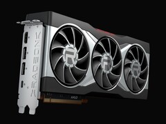 Close-up render van de AMD Radeon RX 6800 XT videokaart, met een koelontwerp met drie ventilatoren en een zilveren omhulsel met prominent Radeon logo. (Afbeeldingsbron: AMD)