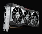 Close-up render van de AMD Radeon RX 6800 XT videokaart, met een koelontwerp met drie ventilatoren en een zilveren omhulsel met prominent Radeon logo. (Afbeeldingsbron: AMD)