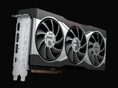 Close-up render van de AMD Radeon RX 6800 XT videokaart, met een koelontwerp met drie ventilatoren en een zilveren omhulsel met prominent Radeon logo. (Afbeeldingsbron: AMD)